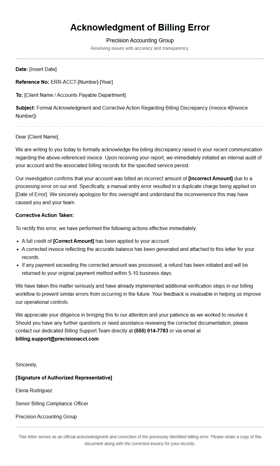 Acknowledging Our Billing Discrepancy Error
