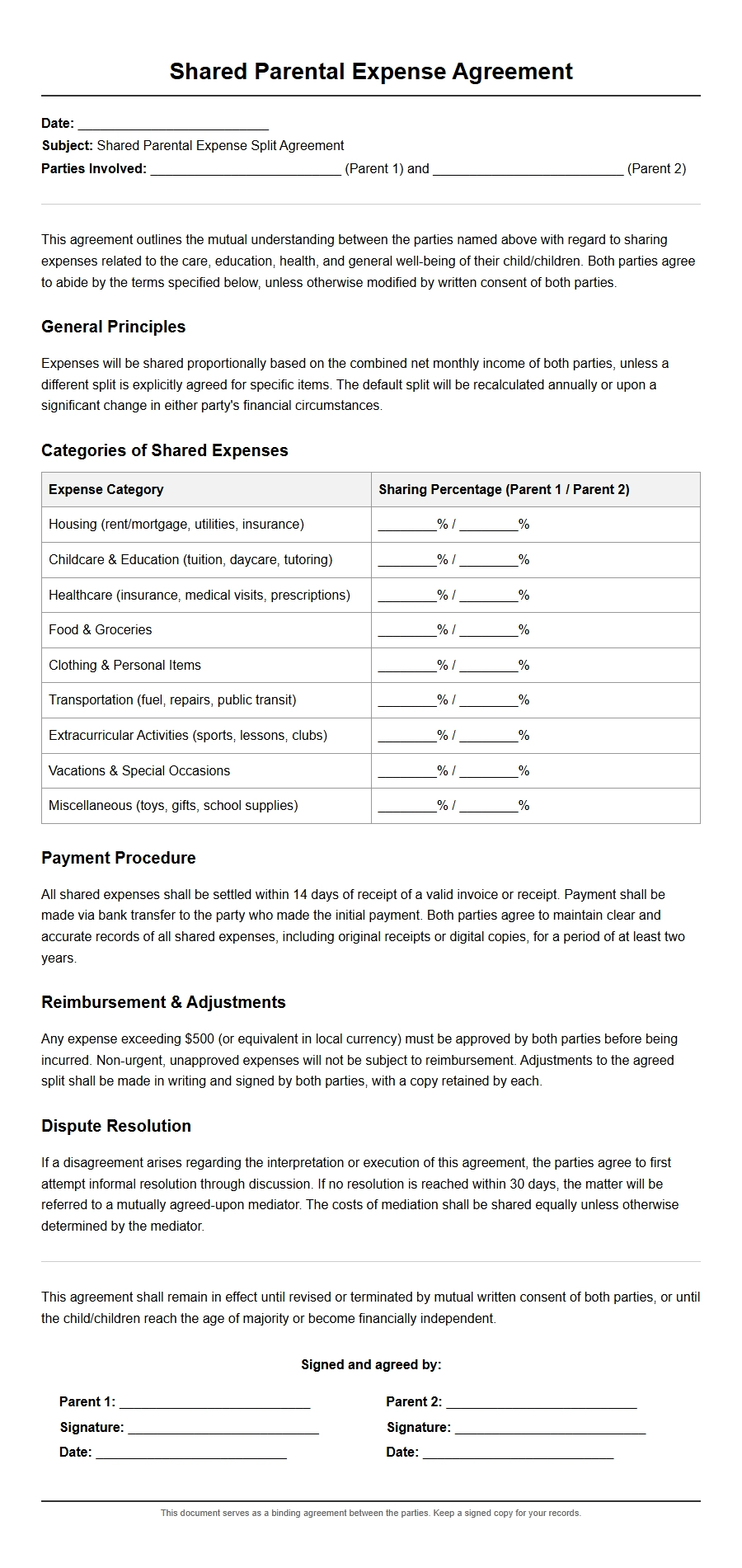 Apology for Shared Parental Expense Split Agreement