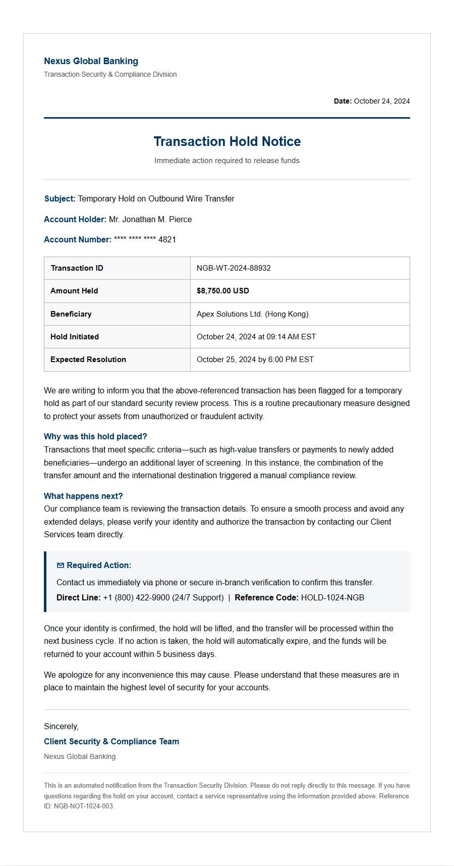 Apology for Bank Transaction Hold: Documentation