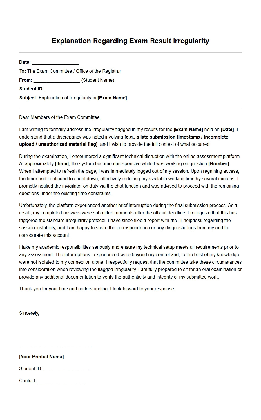 Apology Letter for Exam Result Irregularity