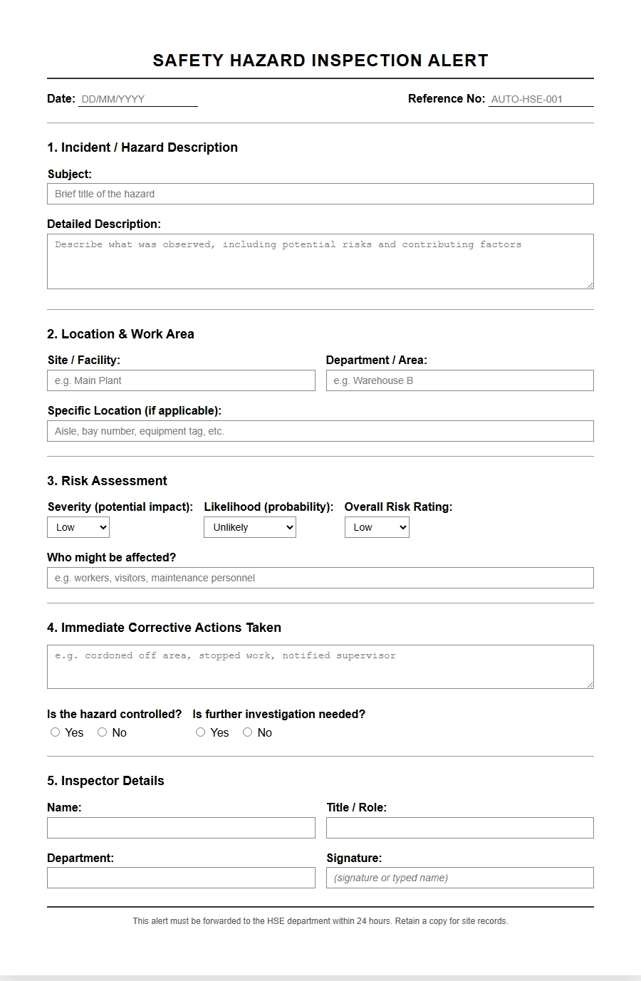 Apology for Safety Hazard Alert Form