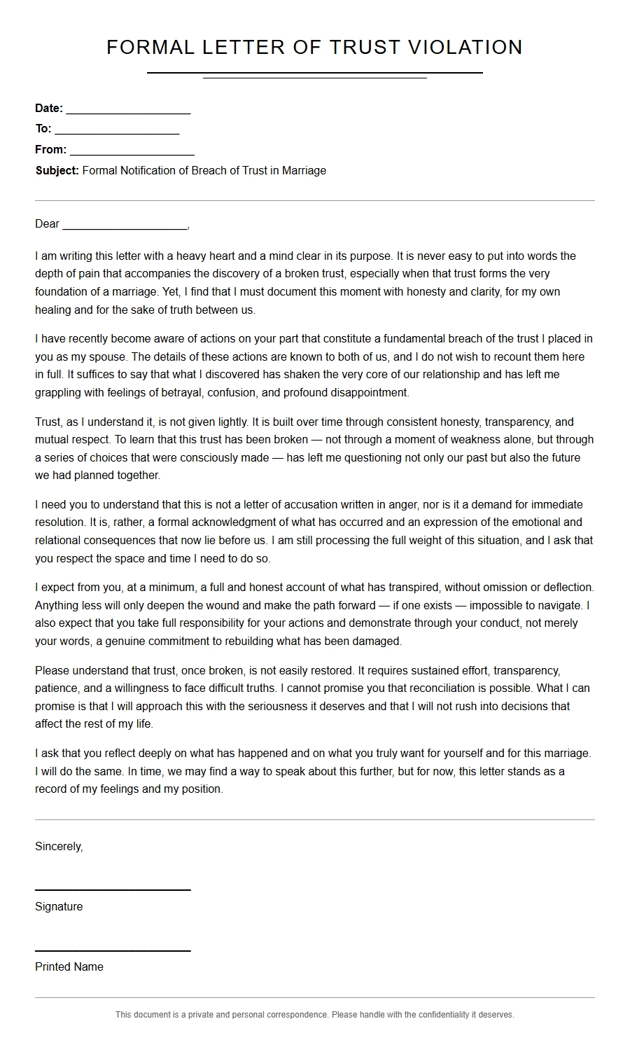 Formal Apology Letter for Betraying Spouse's Trust