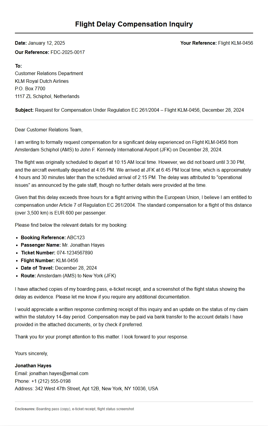 Apology Letter for Flight Delay Compensation Inquiry