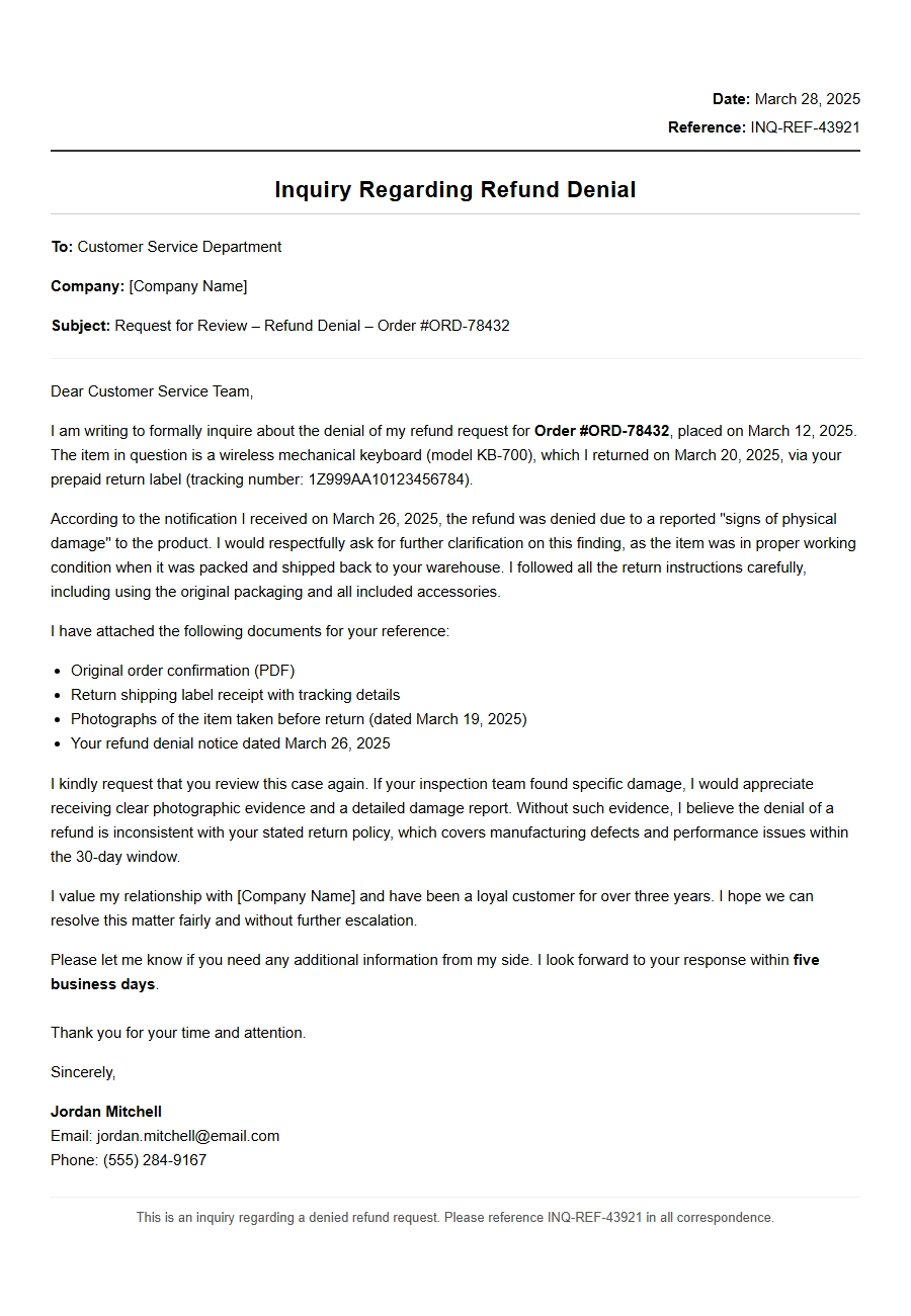 Apology Letter for Refund Denial Inquiry