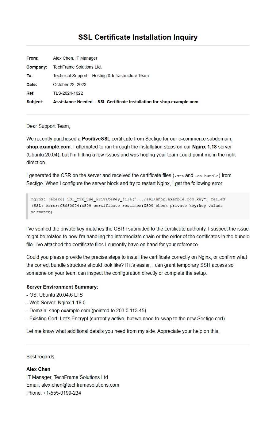 Apology for Delayed SSL Certificate Installation Help