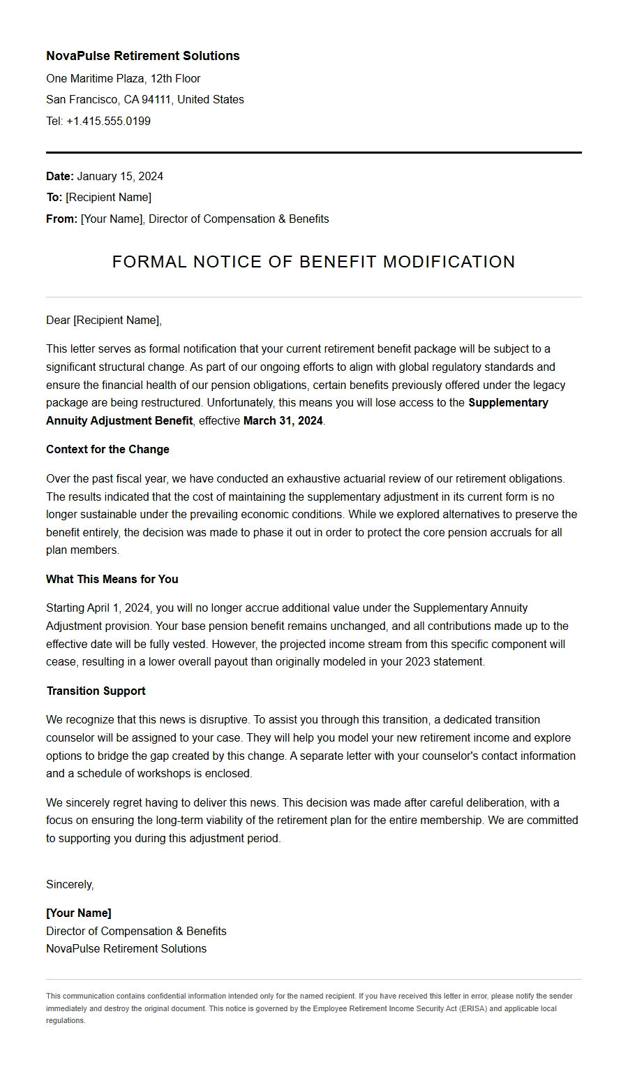 Apology for Loss of Retirement Package Benefits
