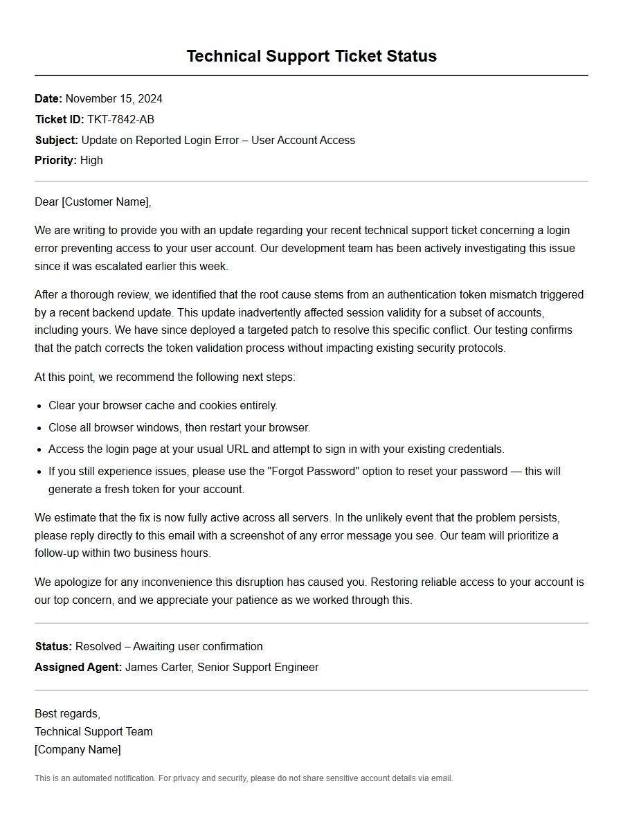 Apology Letter for Technical Support Ticket Status