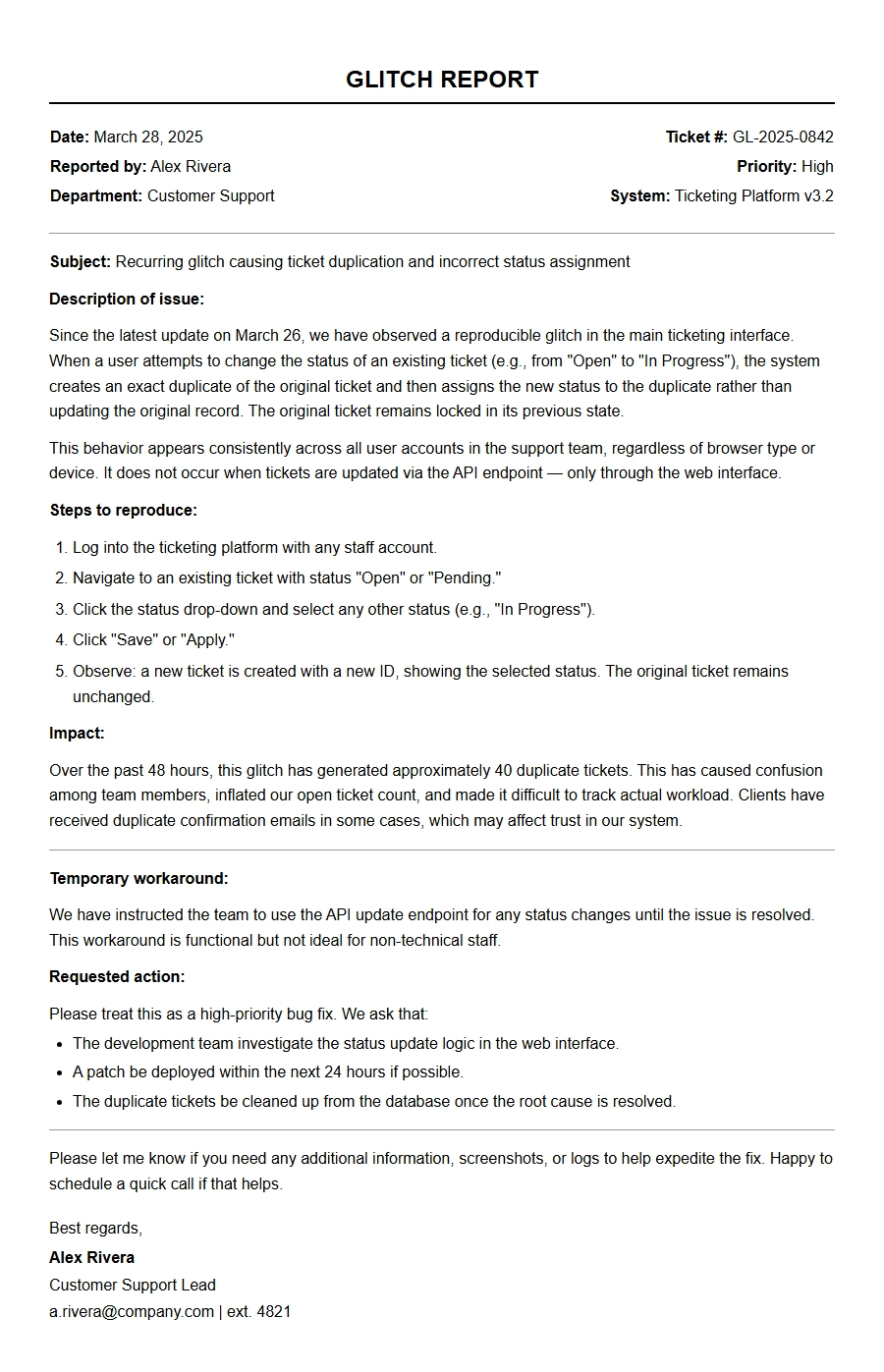 Apology for Ticketing System Glitch Report