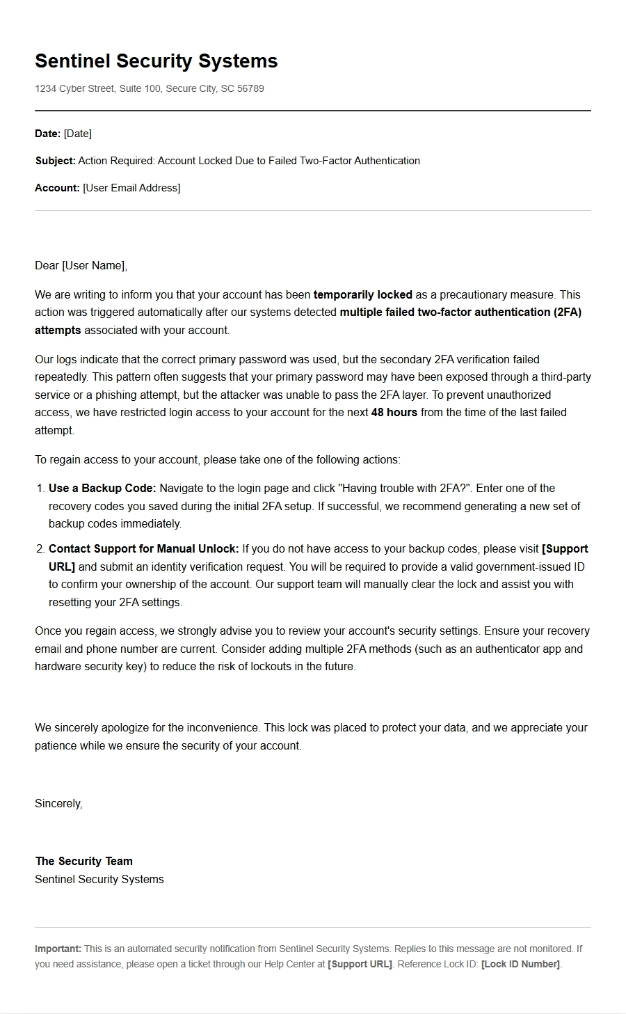 Apology Letter for Two-Factor Authentication Lockout