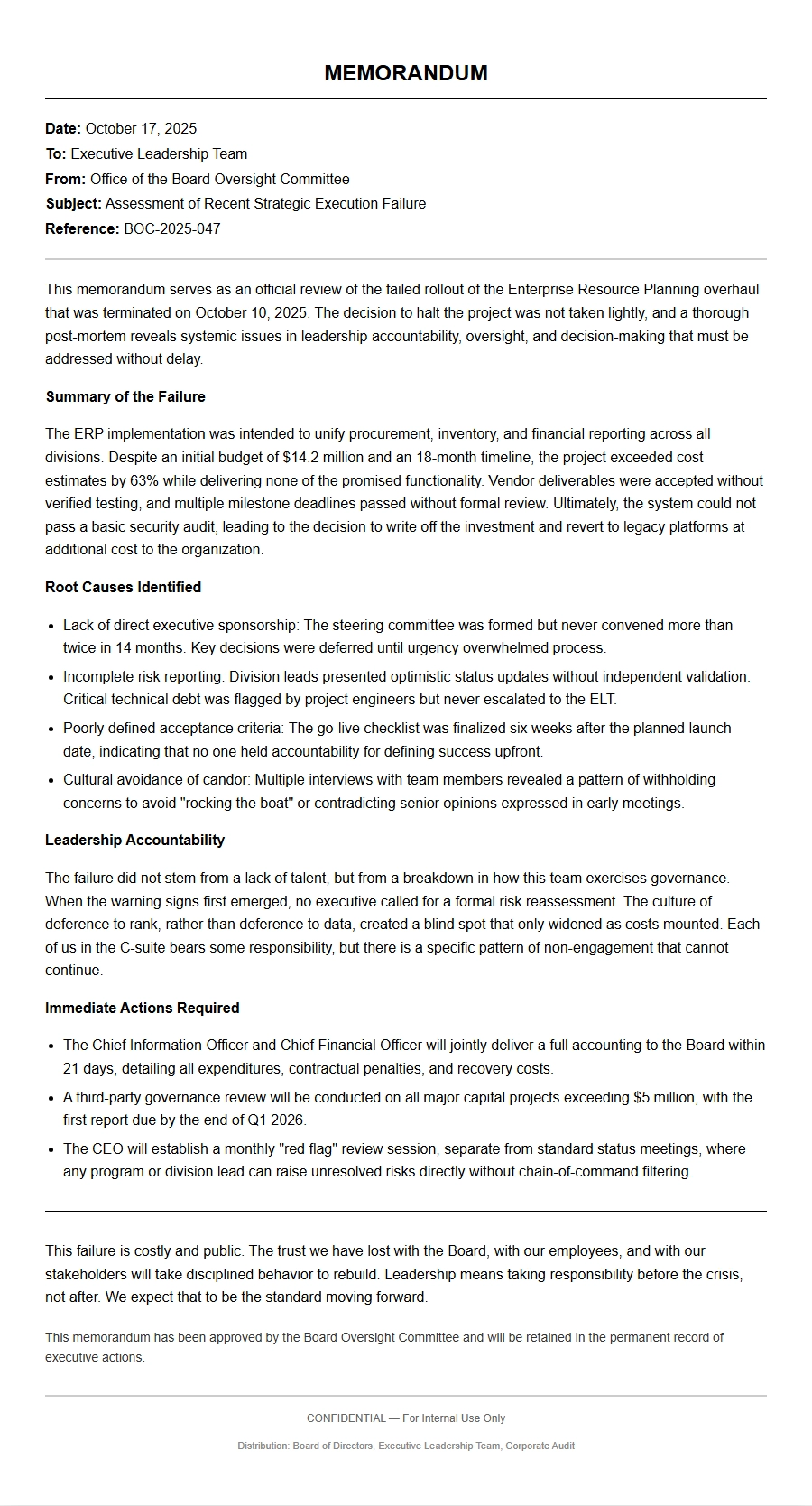 Apology Memo for Executive Leadership Failure