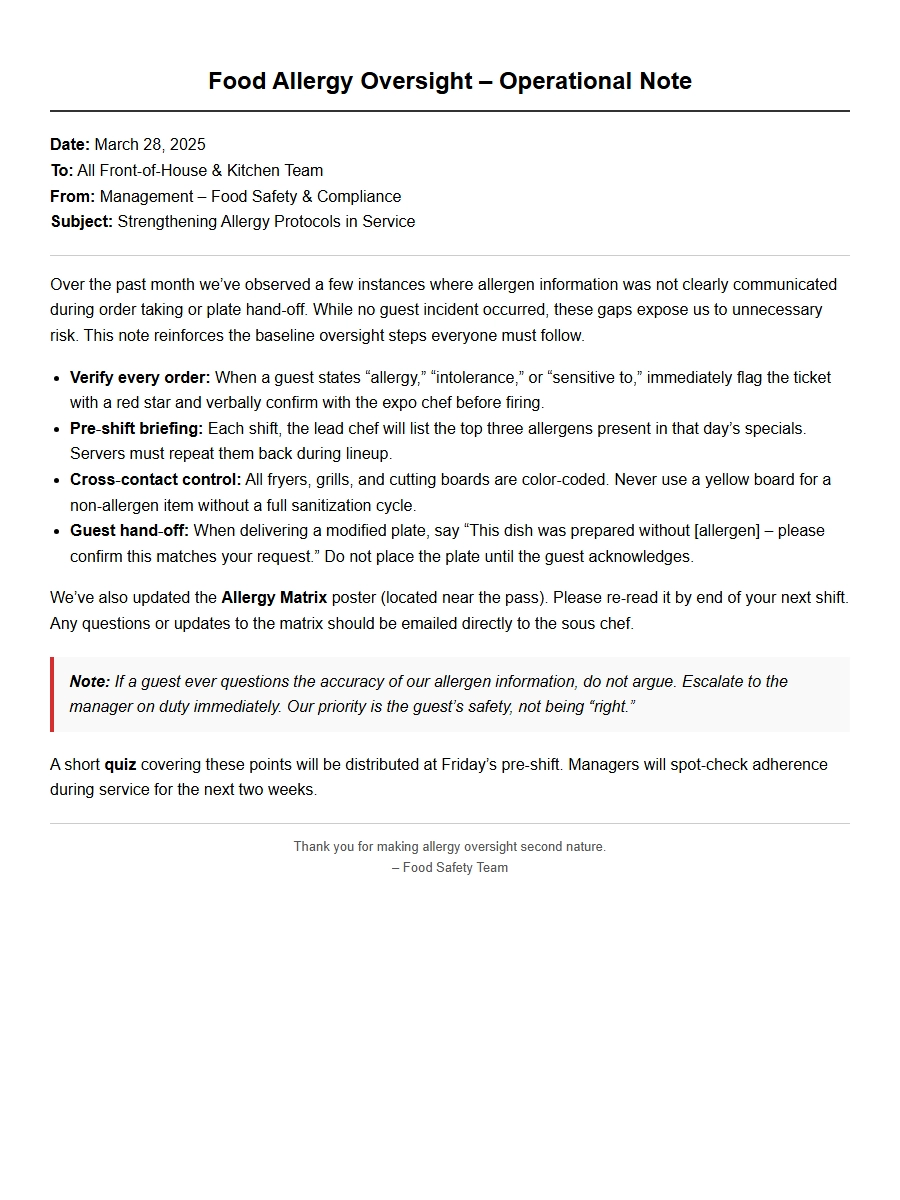 Restaurant Apology for Food Allergy Oversight