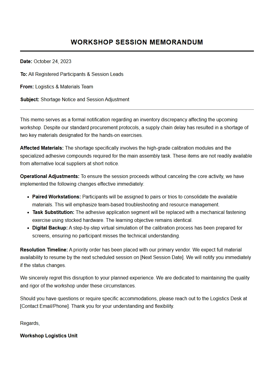 Apology Note: Workshop Material Shortage