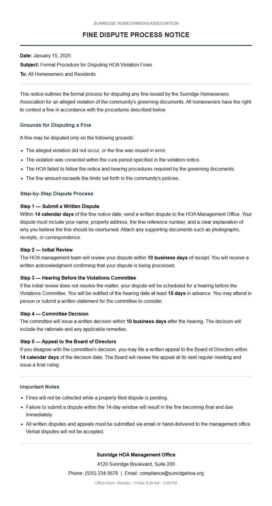 Apology Letter for HOA Fine Dispute Process