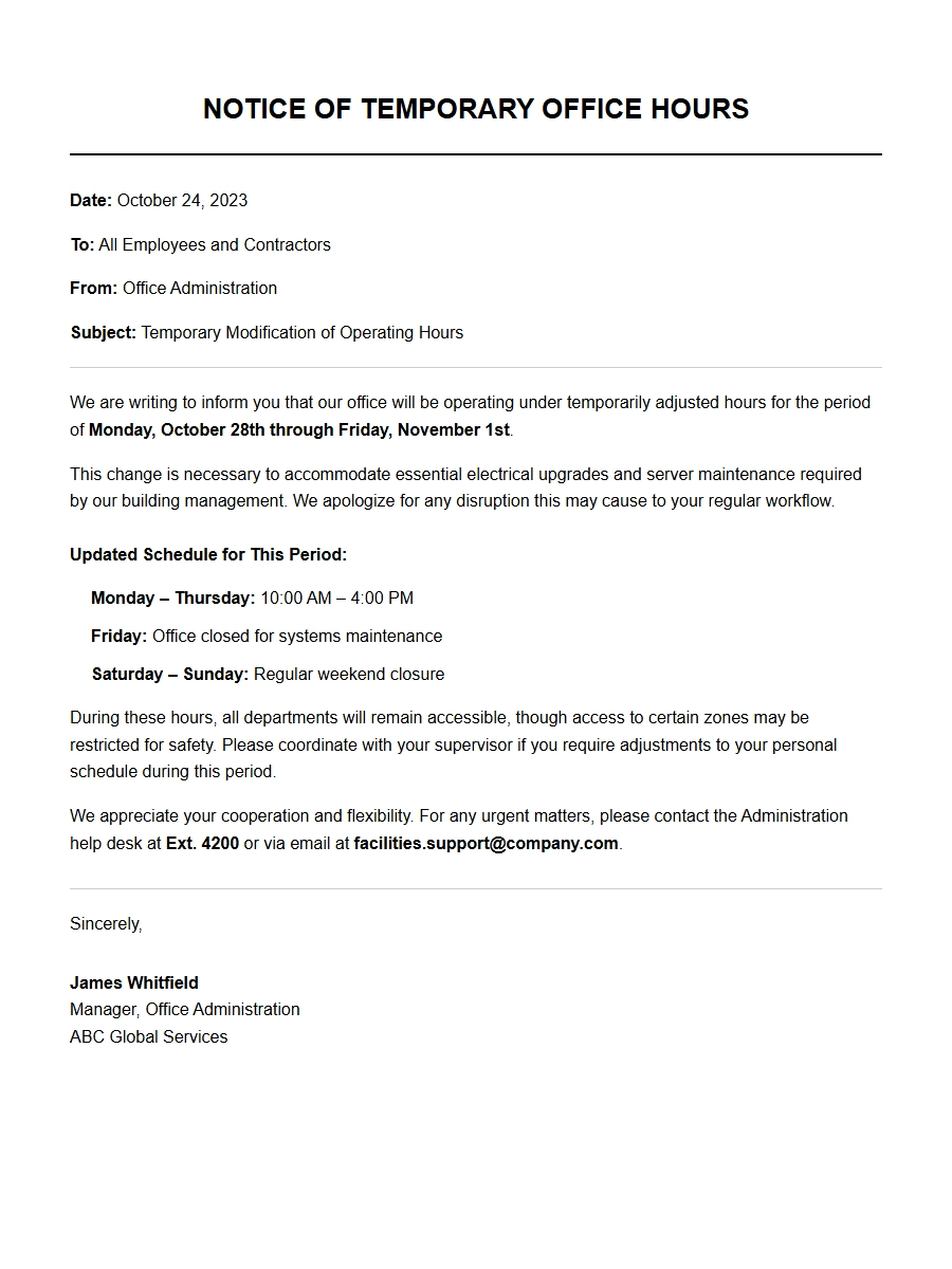 Apology for Temporary Office Closure Hours