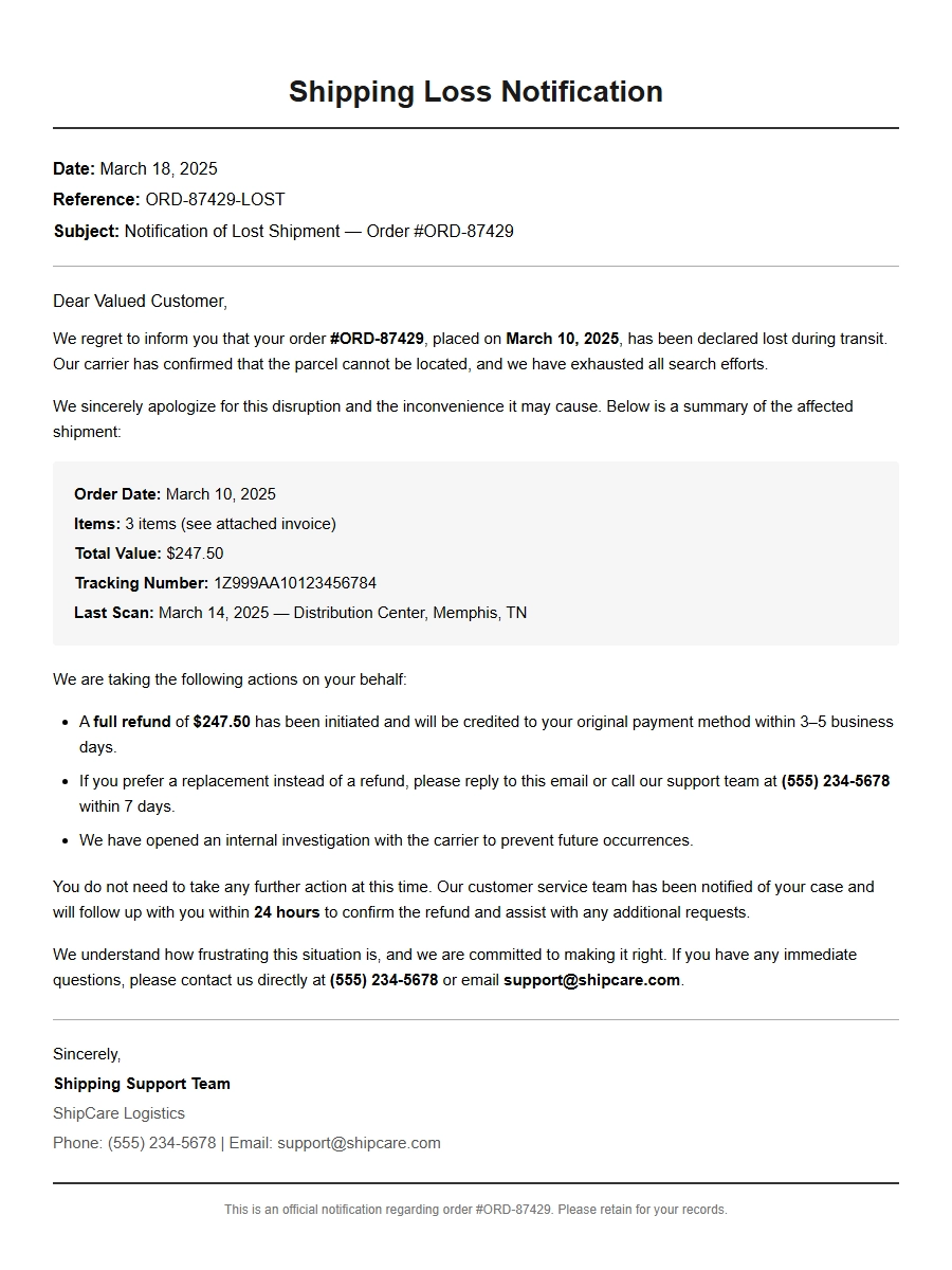 Apology Notification for Lost Shipping Order