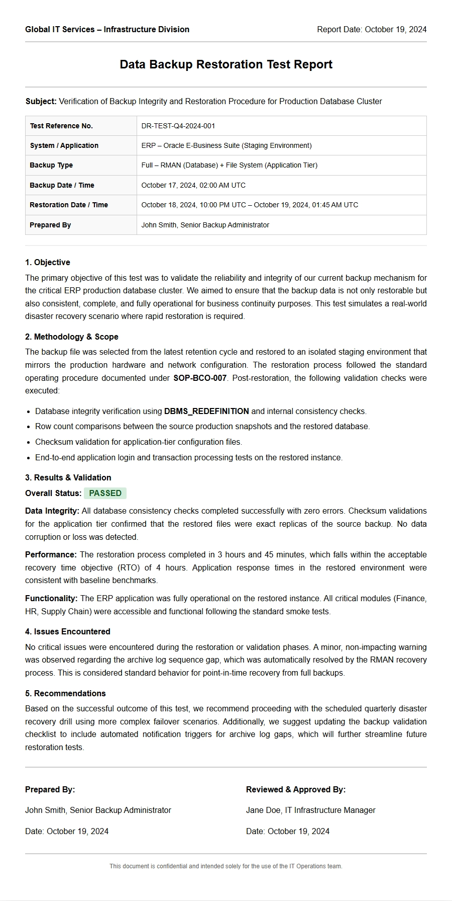report for data backup restoration test - Apology Letters