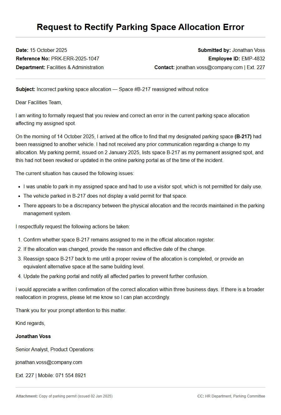 Apology for Parking Space Allocation Error
