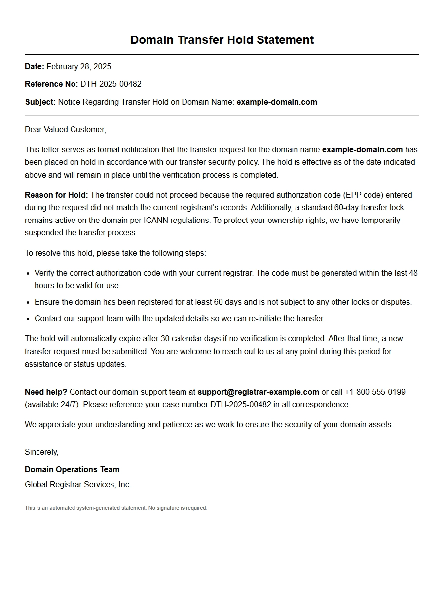 Apology for the Domain Transfer Hold Statement