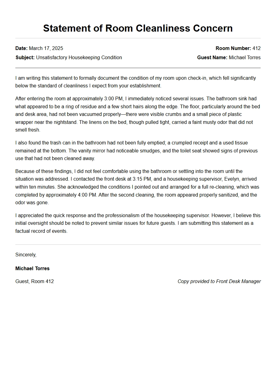 Apology for Hotel Room Cleanliness Issue