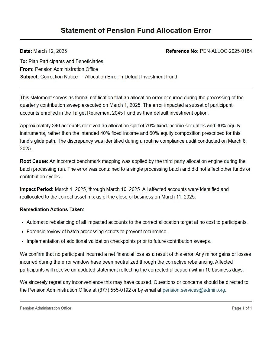 statement for pension fund allocation error - Apology Letters