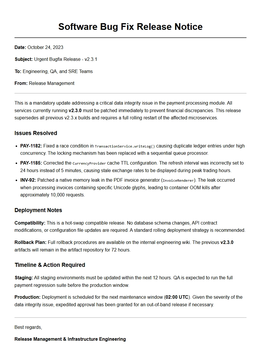 update for software bug fix release - Apology Letters