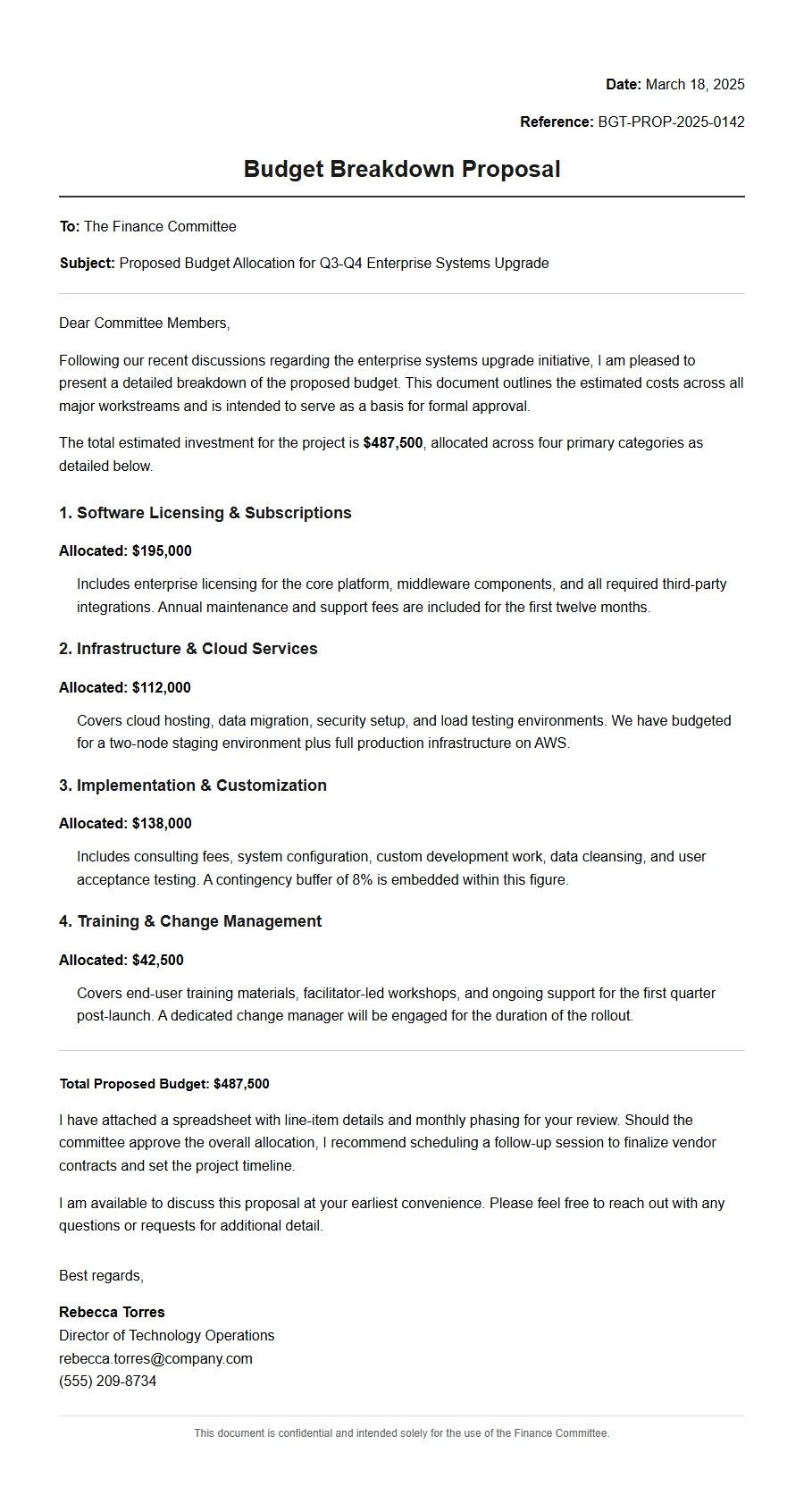 Budget Breakdown Proposal Letter Example