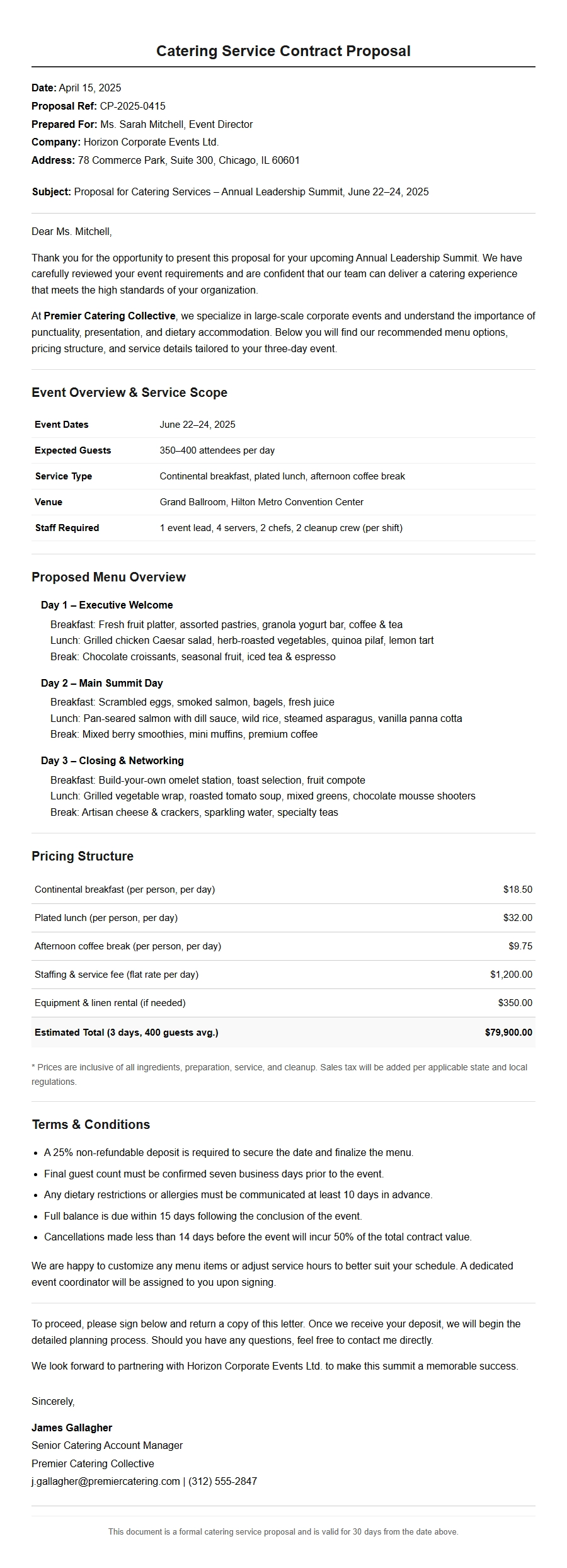 Catering Contract Proposal Letter Template