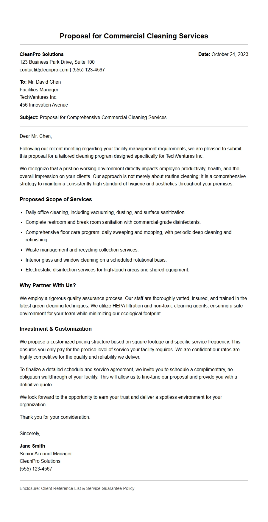 Commercial Cleaning Service Proposal Letter