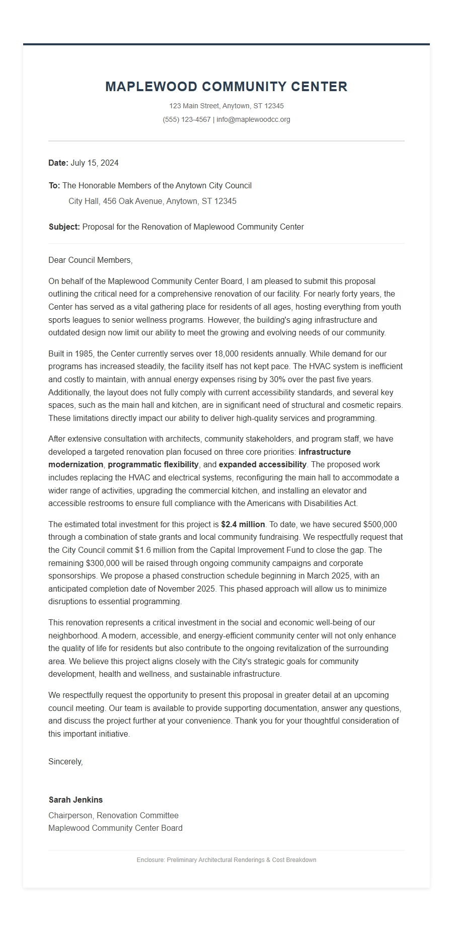 Community Center Renovation Proposal Letter
