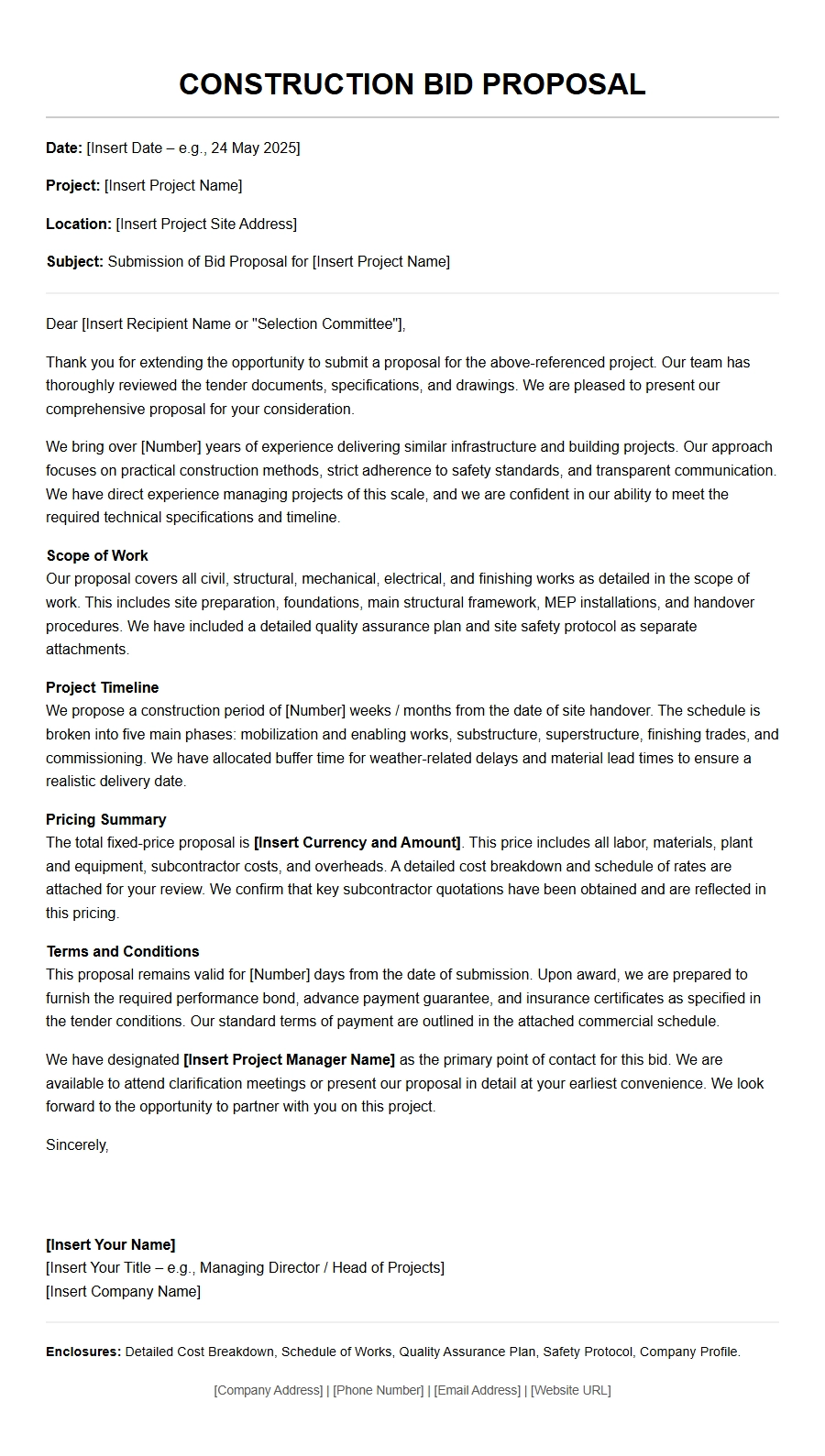 Sample Construction Bid Proposal Letter
