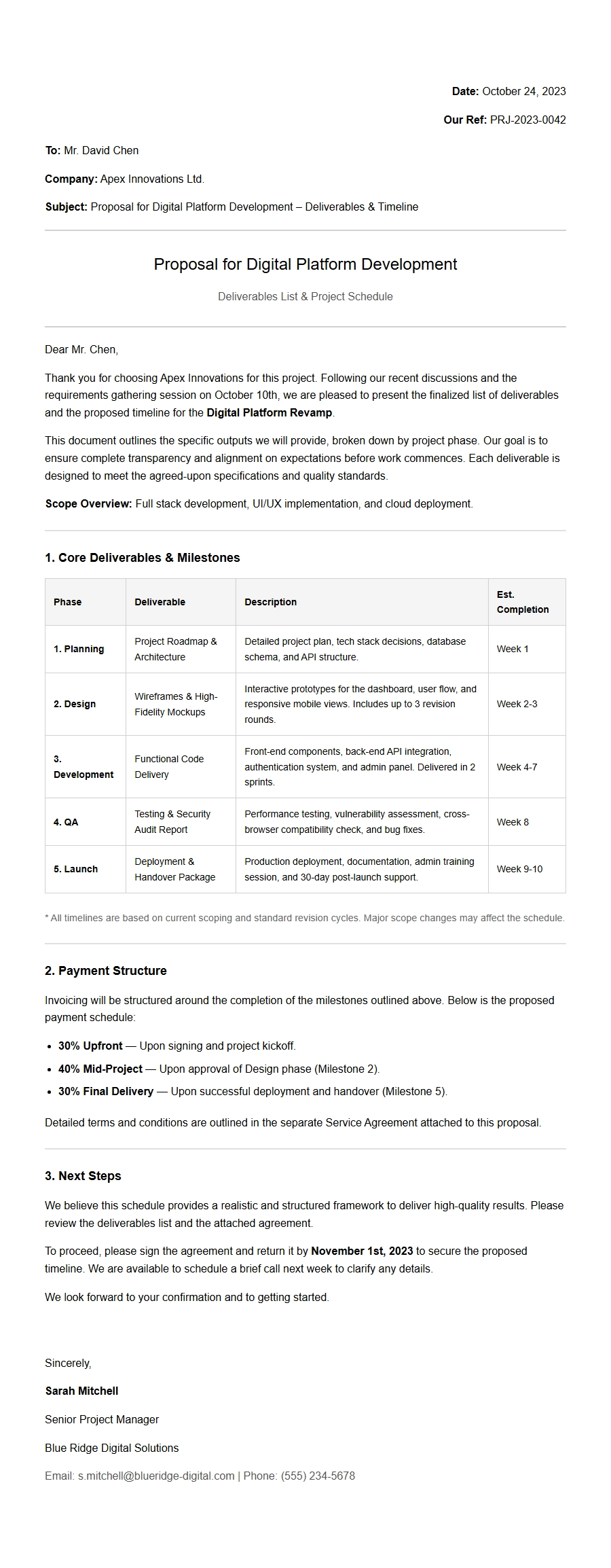 deliverables list proposal letter - Business Proposal Letters