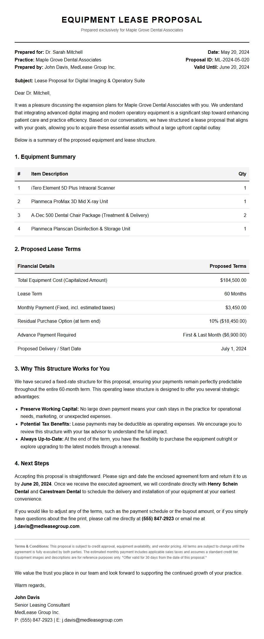 Dental Office Equipment Lease Proposal Letter