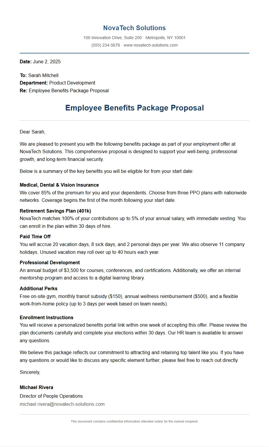 employee benefits package proposal letter - Business Proposal Letters