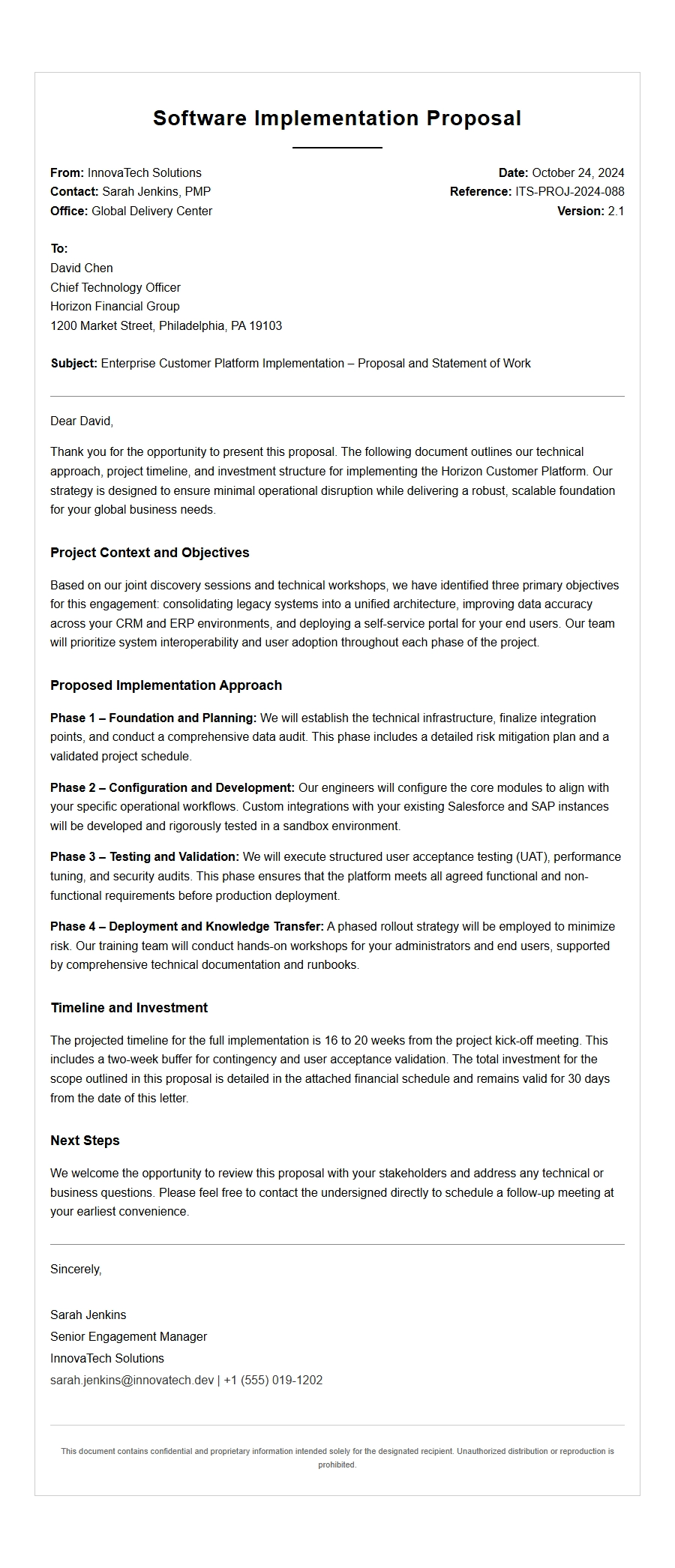 Enterprise Software Implementation Proposal Letter Example