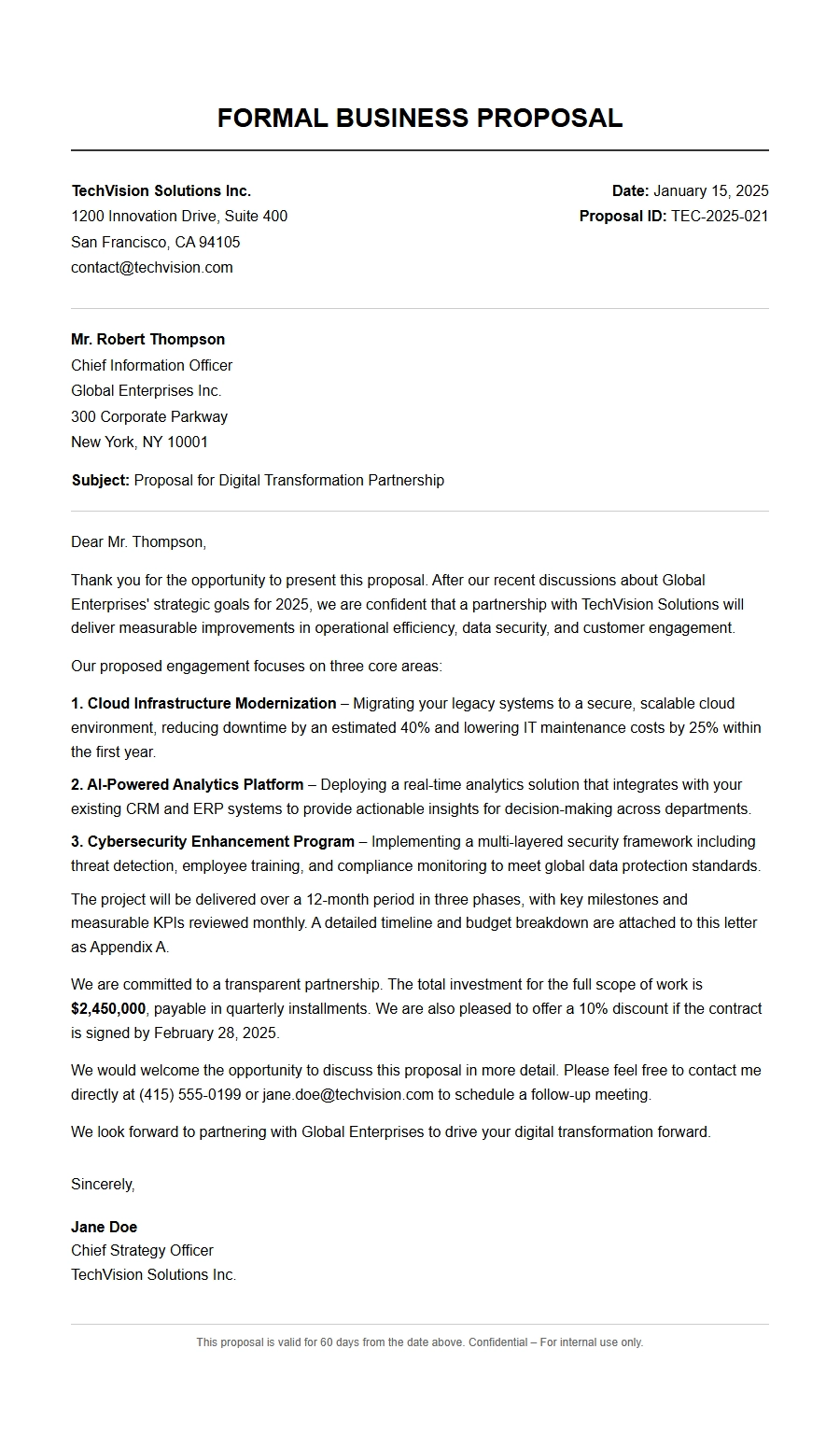 Formal Corporate Business Proposal Letter Template