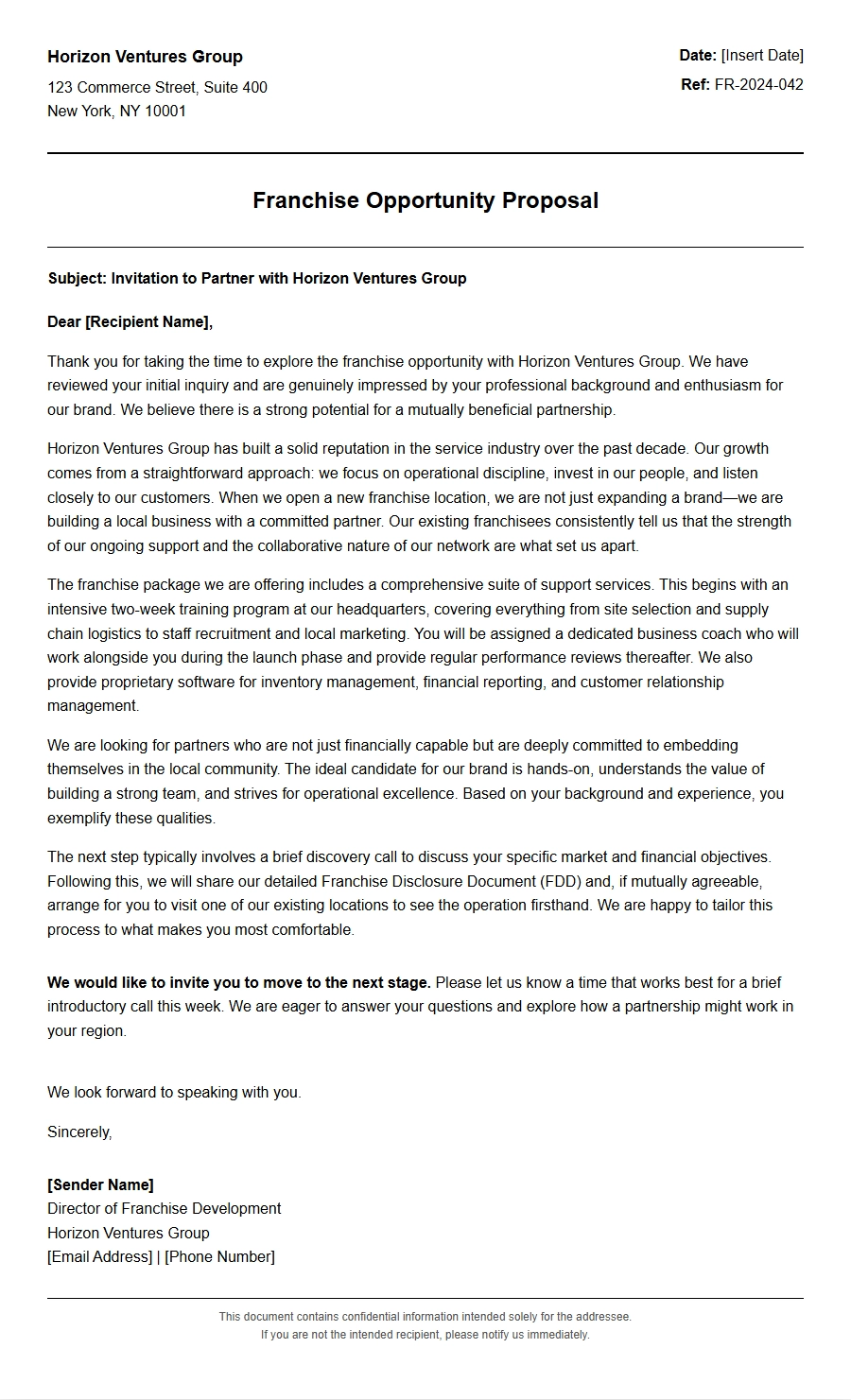 Franchise Opportunity Proposal Letter Sample