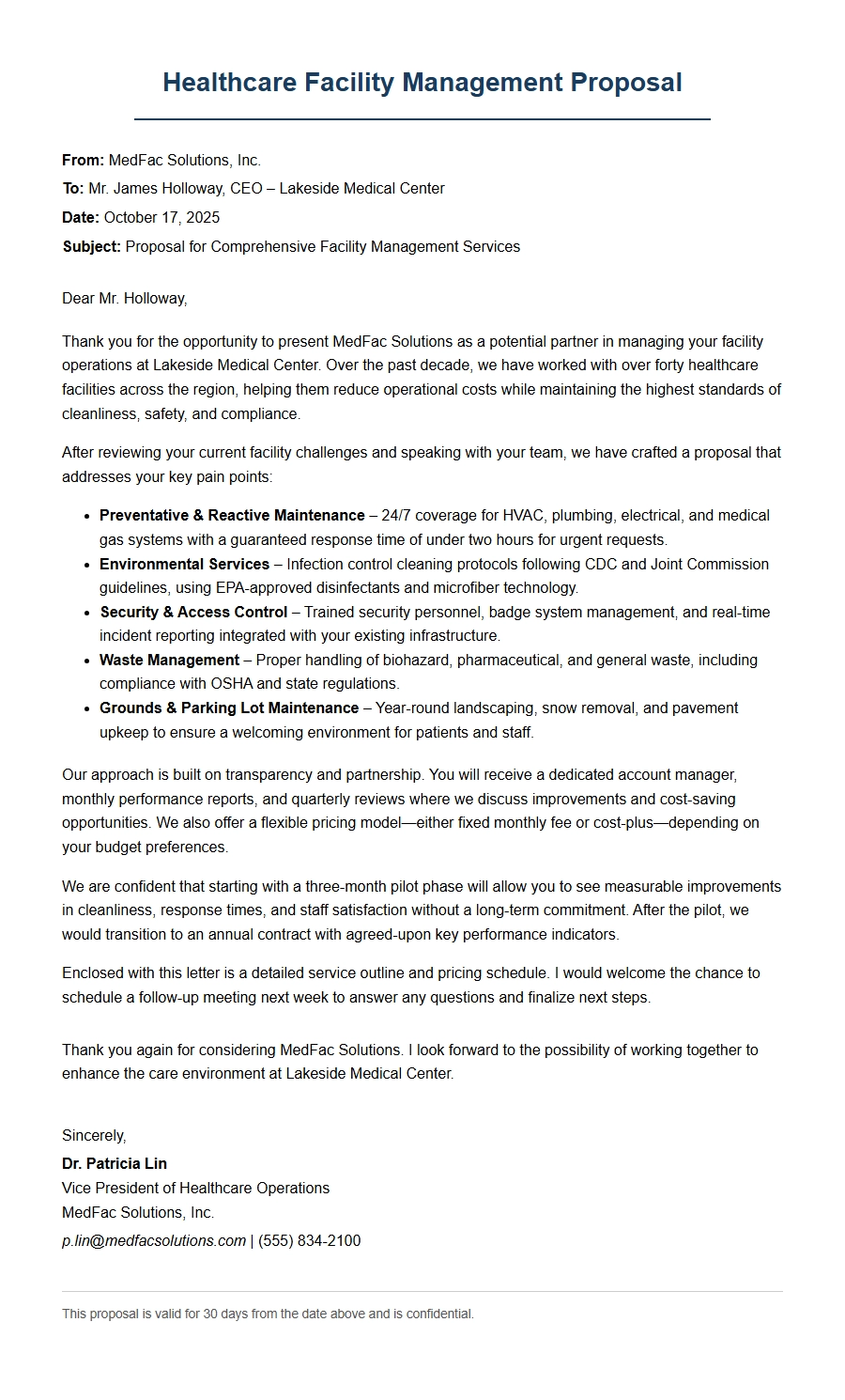 Healthcare Facility Management Proposal Letter