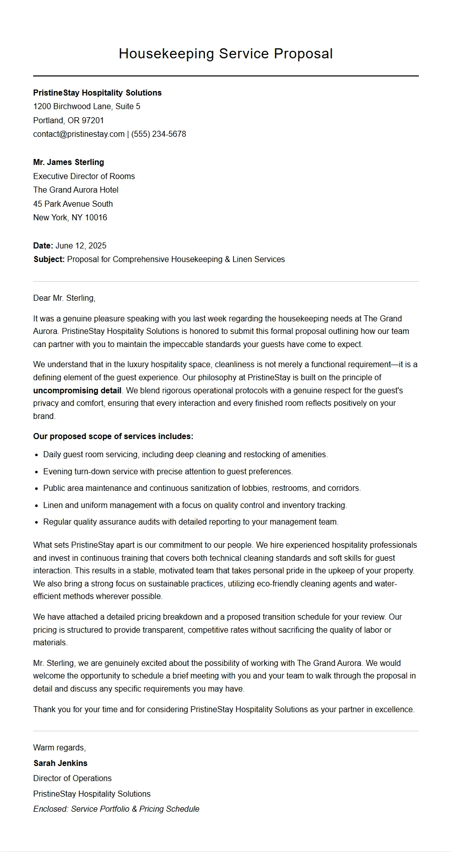 Hospitality Housekeeping Proposal Letter