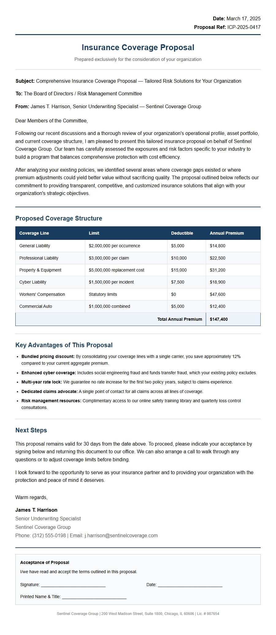Insurance Coverage Provider Proposal Letter