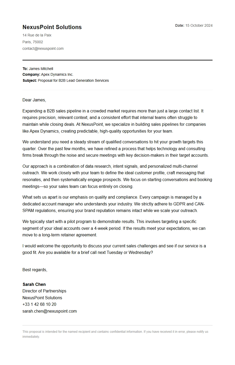 Lead Generation Service Proposal Letter Sample