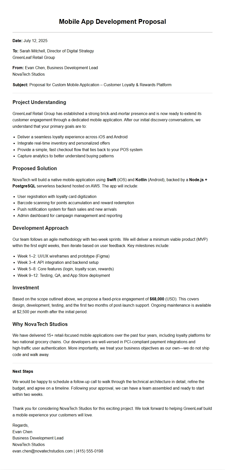 Mobile App Development Proposal Letter Sample
