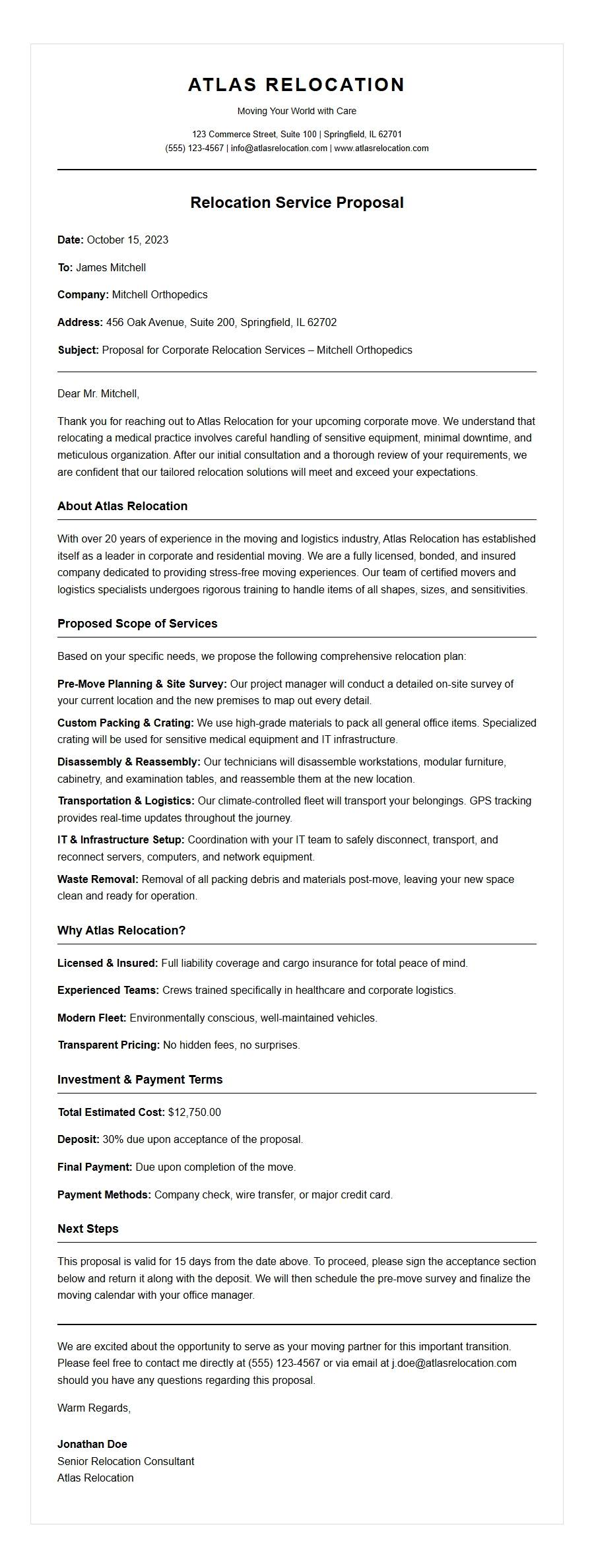 Sample Moving Company Relocation Proposal Letter