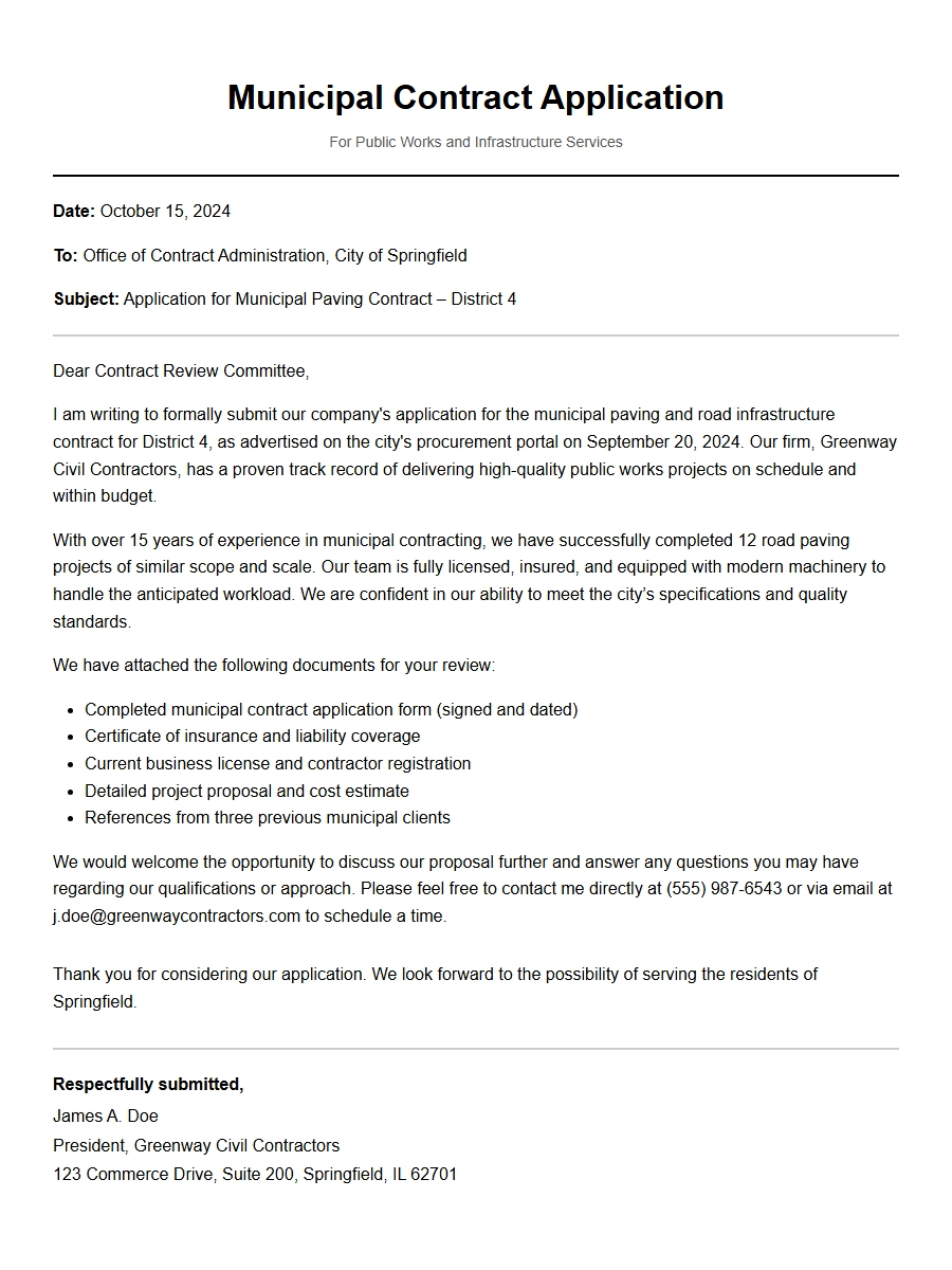 Municipal Contract Application Letter Sample