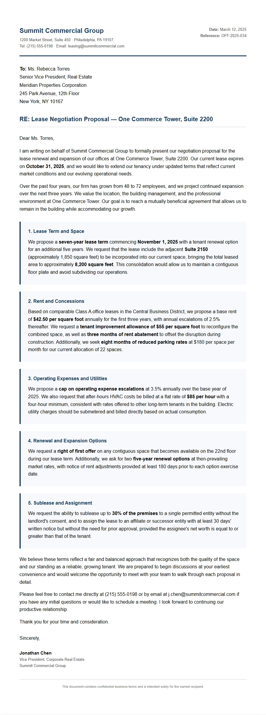 office lease negotiation proposal letter - Business Proposal Letters