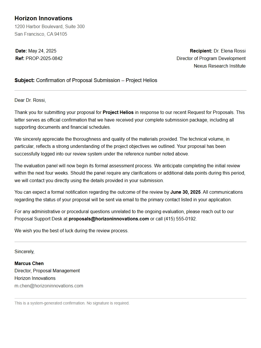 proposal submission confirmation letter - Business Proposal Letters