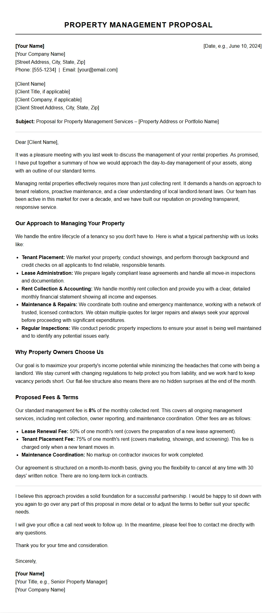Property Management Proposal Letter for Real Estate