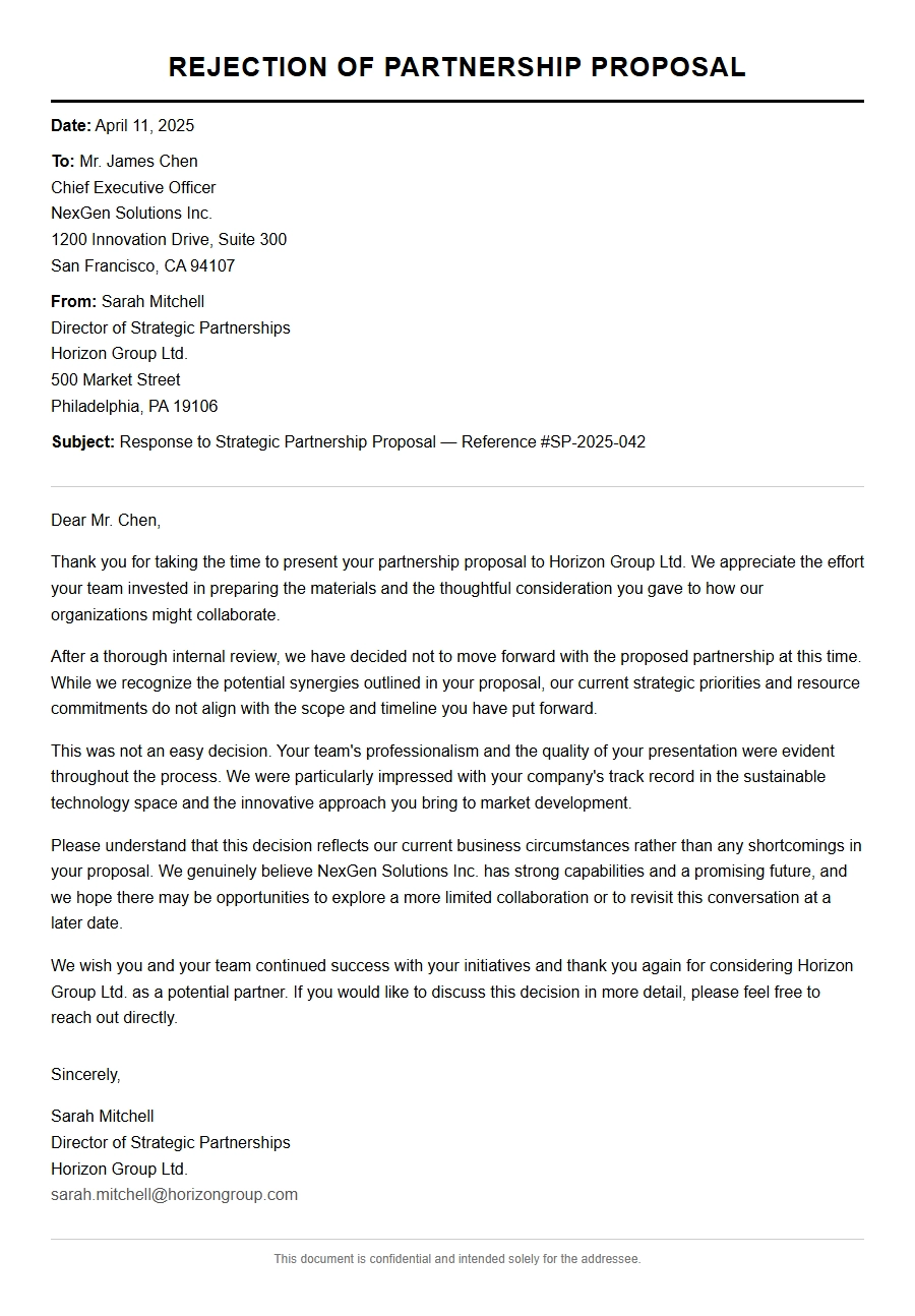 rejection of partnership proposal letter - Business Proposal Letters