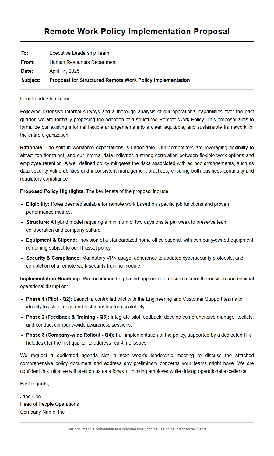 remote work policy implementation proposal letter - Business Proposal Letters