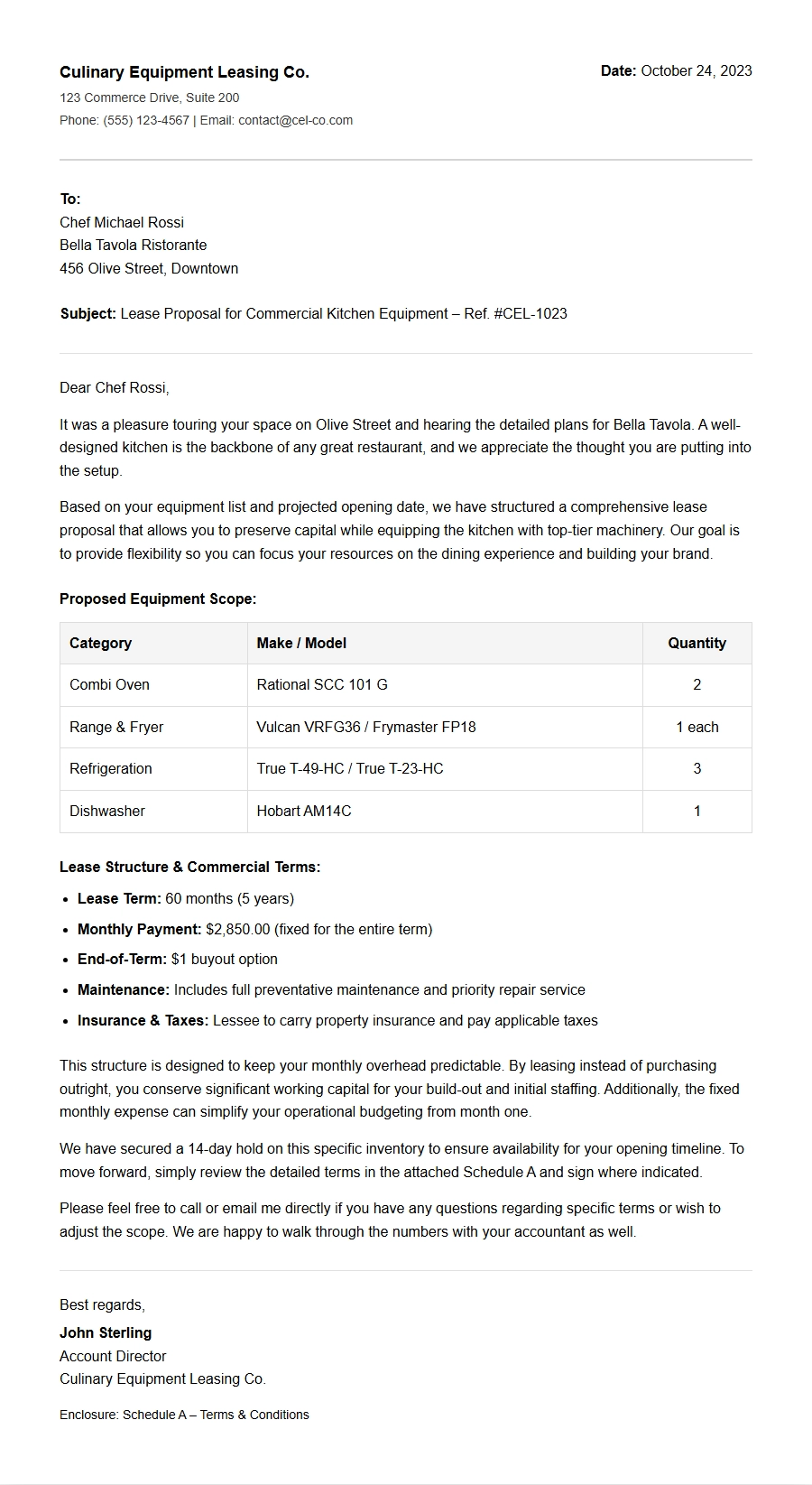 Lease Proposal for Restaurant Equipment