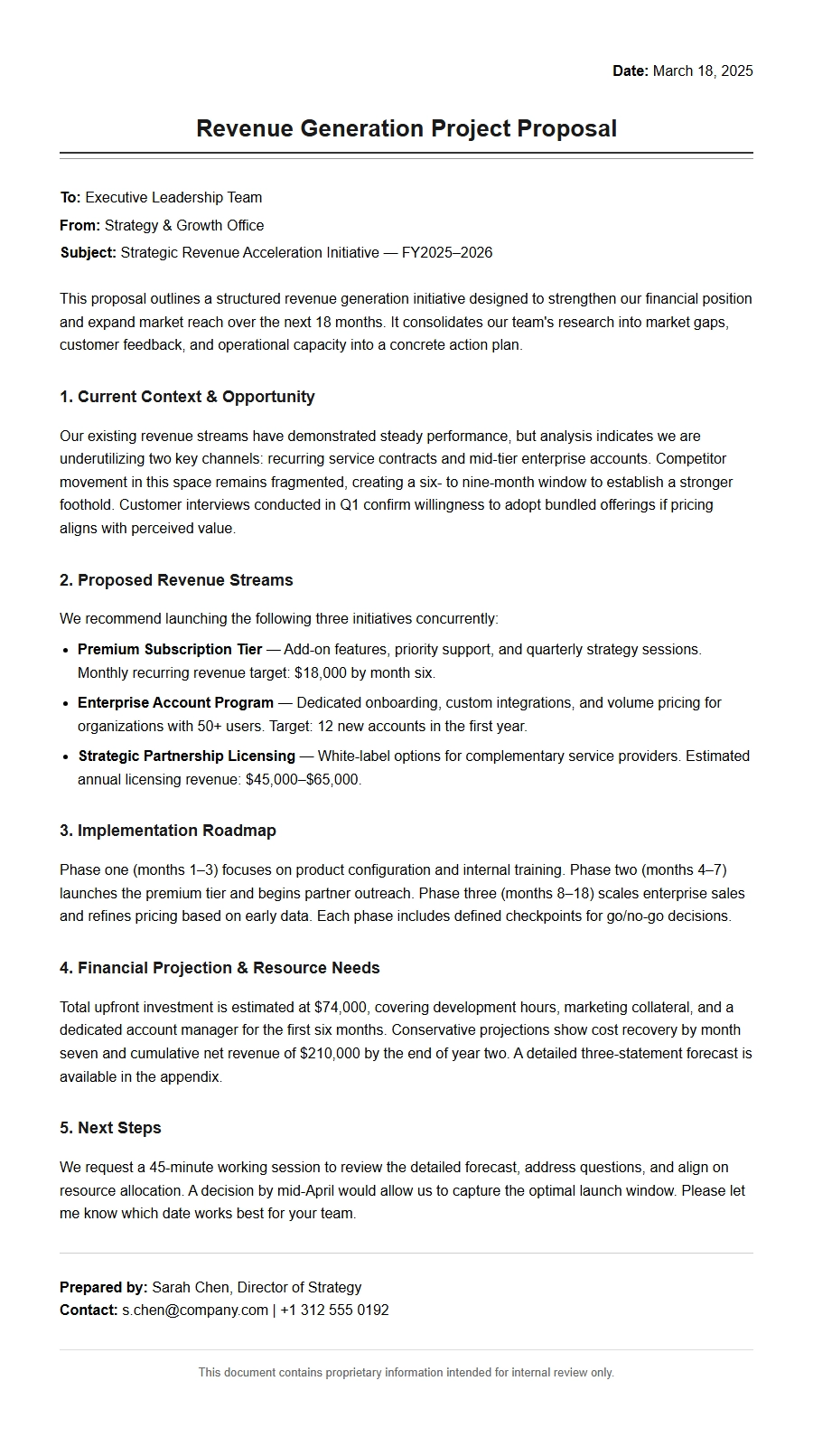 Revenue Generation Project Proposal Letter